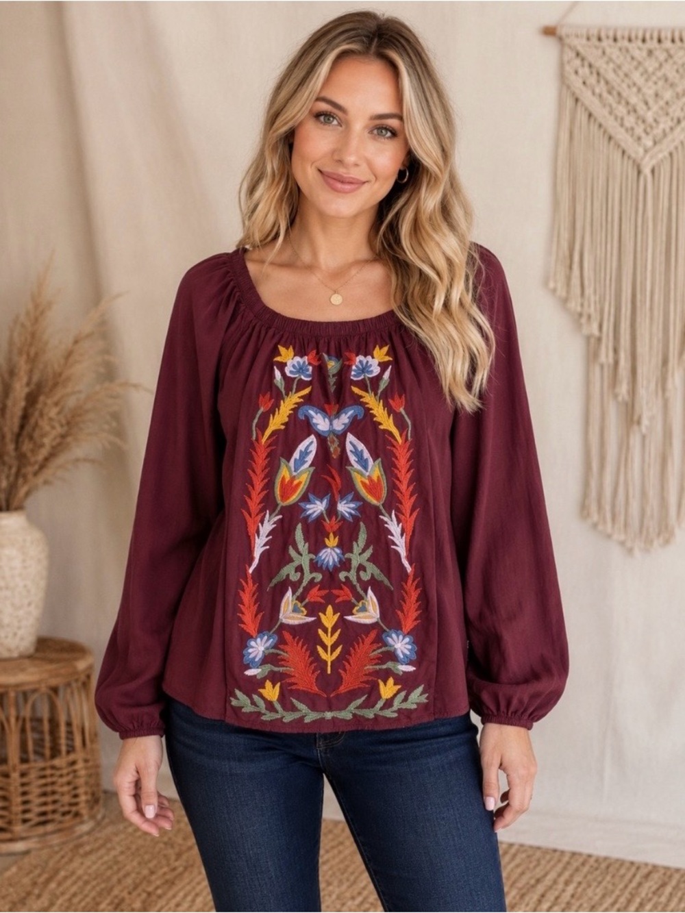 Anthropology Solitaire Embroidered Boho Peasant Blouse Maroon Off Shoulder  M